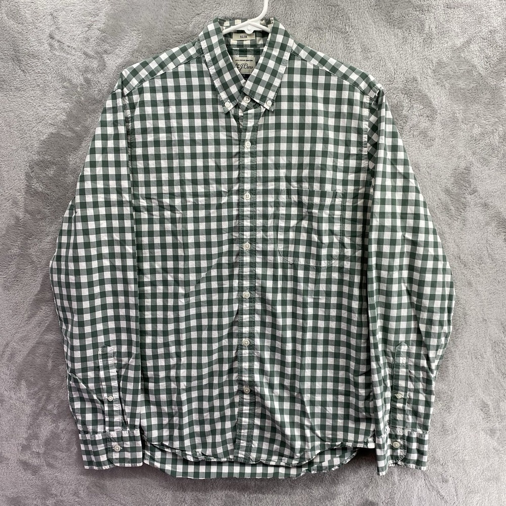 J. Crew Shirt Mens M Medium Long Sleeve Button Up Green Checkered Cotton Oxford